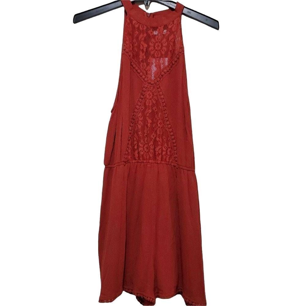 NWT Love, Fire Ladies Lace Front Pom Edged Brick Red Romper - Size Large